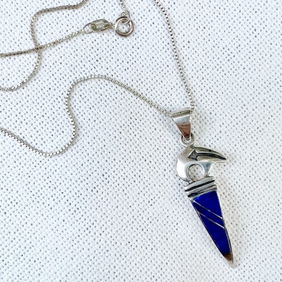 VINTAGE Southwestern Lapis & Sterling Silver Spirit Bear Pendant Necklace Unisex - Picture 8 of 8